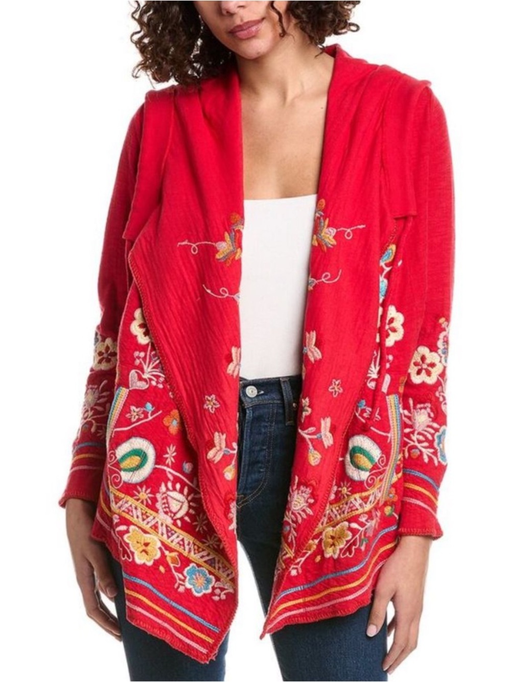 Johnny Was Jemima Hoodie Size Large Embroidered Floral Boho Cotton Red Sweater